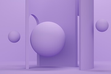 Poster - Lilac abstract background with high arch and flying sphere. 3d rendering