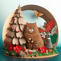 Wall Mural - Christmas scene with the cat, Quilling art of cut paper technique, 3D render style, winter scene 