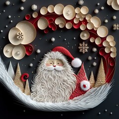 Wall Mural - Christmas scene with the Santa and Christmas Tree, Quilling art of cut paper technique, 3D render style, winter scene 