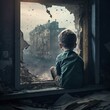 Children watch destruction in the window