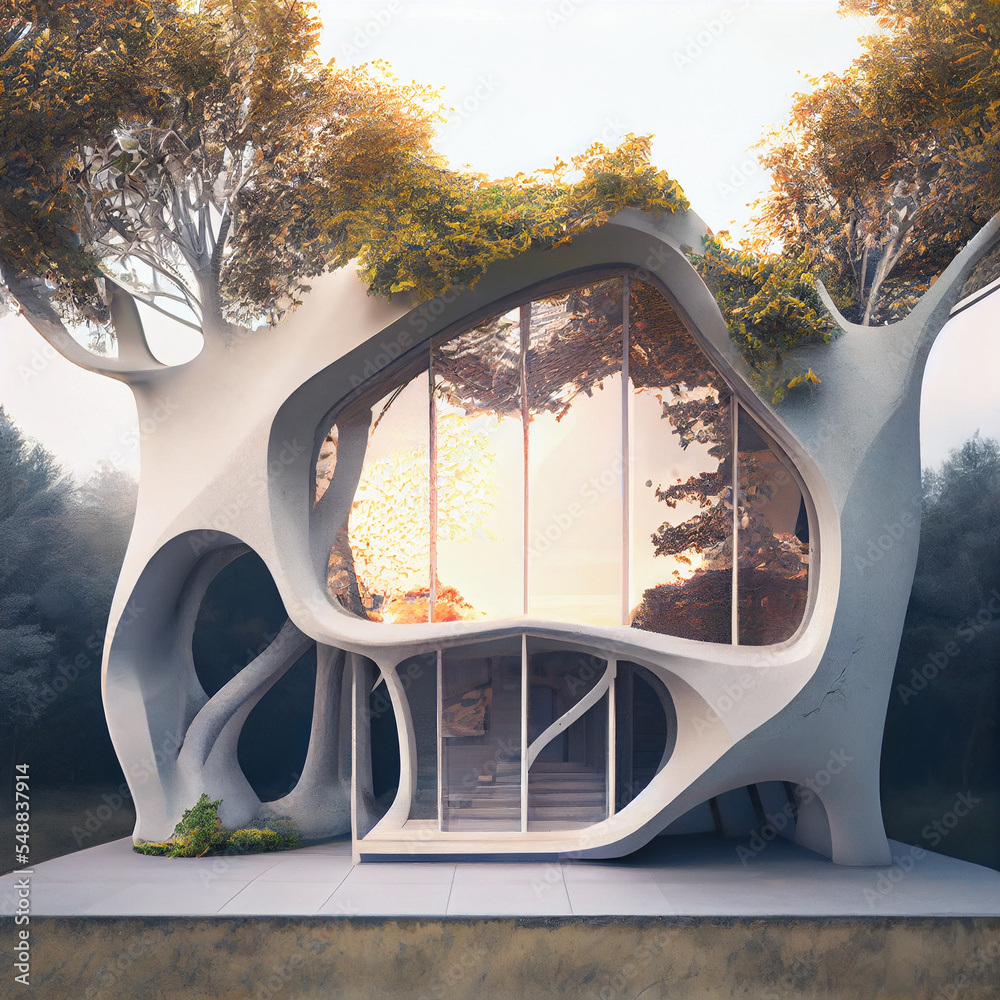 Home of the Future - 3D printed with foliage, surrounded by nature.