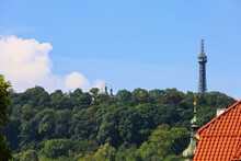 View Of The Observation Tower On Petrin Hill - Prague Eiffel Tower. Sights Of The Capital Of The Czech Republic