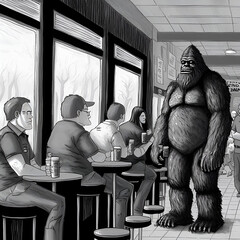 Graphic Novel Style Drawing of Bigfoot Hanging Out at the Local Coffeeshop. [Digital Art Painting, Sci-Fi Fantasy Horror Background, Graphic Novel, Postcard, or Product Image]