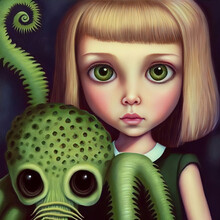 Retro Digital Painting Of A Big Eyed Blond Girl With A Tentacled Monster. [Digital Art Painting, Sci-Fi Fantasy Horror Background, Graphic Novel, Postcard, Or Product Image]