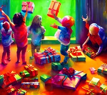 The Kids Are Tearing Open Their Presents With Glee. They Rip The Wrapping Paper Off Of Each Box, Revealing The Treasures Inside. Some Of Them Jump Up And Down In Excitement, While Others Sit Quietly A