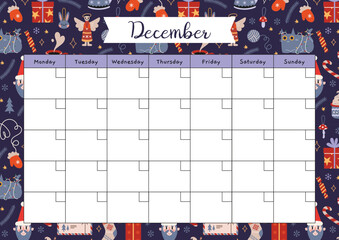 Wall Mural - December calendar template with Christmas and New Year attributes, cartoon style. Printable A4 paper sheet, planner for bullet journal. Trendy modern vector illustration, hand drawn, flat