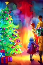 The Children Are Eagerly Tearing Open Their Presents On Christmas Morning, Laughing And Shouting With Joy At Each New Toy. The Room Is Filled With The Happy Sounds Of Kids And Wrapped Gifts Strewn Eve
