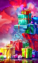 The Christmas Gifts Are Wrapped In Red And Green Paper, With Bright Bows Adorning The Tops. They Sit Under The Tree, Waiting To Be Opened On Christmas Morning.