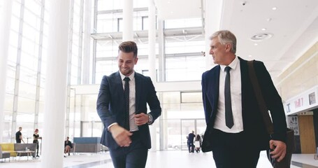 Poster - Businessmen, welcome handshake and walking in office, thank you and greeting in morning, smile and happy. Corporate worker, shaking hands and partnership with trust, b2b and work deal in the morning
