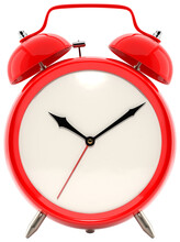 Alarm Clock, Vintage Style Red Color Clock With Black Hands. PNG Clipart Isolated On Transparent Background