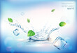 Transparent realistic vector mineral water splash, drops, mint leaf and ice cubes on blue background 