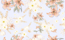 Full Seamless Lilium Camomile Floral Pattern Background For Fabric Print. Ditsy Illustration. Orange Lily And Daisy Flowers Leaves Vector Design For Women Dress And Textile.