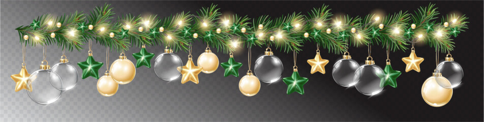 Wall Mural - Vector Christmas decoration. Transparent light garlands and glass decoration elements on abstract background. 