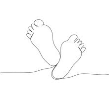 Children S Feet, Memory Print One Line Art. Continuous Line Drawing Of Child, Children S Legs, Tenderness, Childhood, Newborn, New Life.