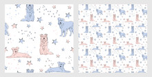 Pattern Design With Funny Border Collie Dogs Doodles, Seamless Pattern. T-shirt Textile, Wrapping Paper, Blue Background Graphic Design. Wallpaper For Baby And Kids. Blue And Pink Linen Style.