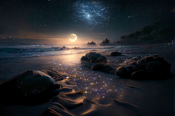 Stars shining on a silky beach at night, moonlight
