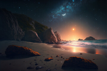 Stars shining on a silky beach at night, moonlight