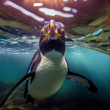  A Penguin Swimming In The Water With A Sun Shining On It's Face And Head Above The Water. A Penguin Swimming Under The Water In The Ocean