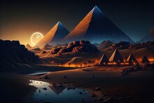 Egyptian Desert With River And Pyramids At Night.