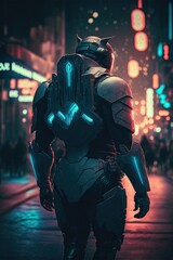 Wall Mural - Cyberpunk knight in night city streets. Neon black armor. Back view of character.
