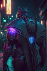 Wall Mural - Cyberpunk knight in city streets. Neon black armor. Back view of character.