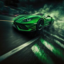Green Model Sports Concept Car  3d Render. Speed Racing On Test Race Course. Motion Blur Effect.