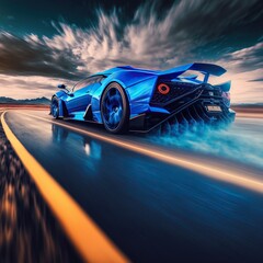 Epic blue sports car concept full speed on race test course. 3d render digitally generated idea.