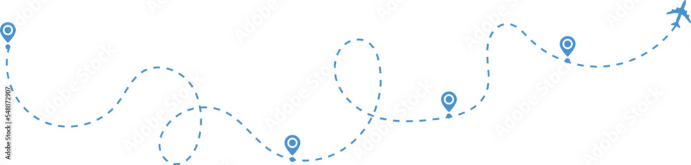 Airplane path in a dotted line shape. pin map marker pointer sign ...