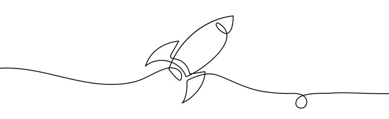 Poster - Rocket one line. Vector illustration continuous, simple retro spacecraft. Single line draw design vector illustration.