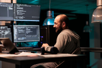Poster - happy programmer celebrating coding achievement, feeling cheerful about app developing success after