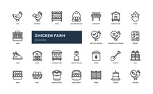 Chicken Egg Farm Agriculture Poultry Detailed Outline Icon With Hen, Rooster, Feeder, Chick. Simple Vector Illustration