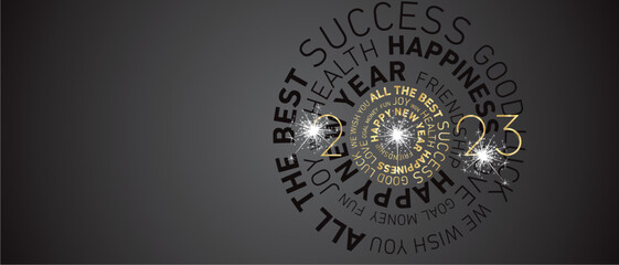 Happy New Year 2023 modern circle word cloud text with sparkle firework golden white black greeting card