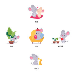 Wall Mural - Little Mouse Demonstrating English Verbs for Educational Activity Vector Set