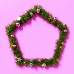 Sticker - Cute and beautiful christmas wreath of pentagon frame with shiny stars and pink orbs in the sunlight, on pink background with shadow (3D Rendering)	