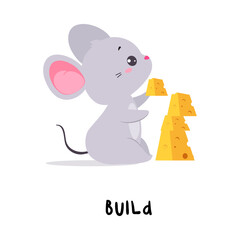 Wall Mural - Little Grey Mouse Building Tower from Cheese Demonstrating English Verb for Educational Activity Vector Illustration