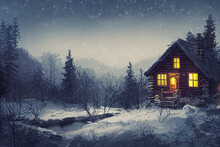 Digital Painting Of A Log Cabin In Snowy Woods At Night, Festive And Cozy, Holiday Getaway, Card Illustration For Christmas Card