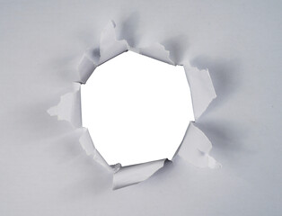 Poster - Torn paper with the curled ripped sides. a round black hole of torn on the white paper. realistic torn paper with the ripped edges for copy space and text.