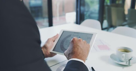 Poster - Mature ceo, tablet and data statistics with a man browsing online for marketing or seo information. Digital tablet, executive male and internet search for digital marketing and advertising idea