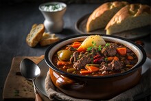 Hearty Beef Stew With Potato In Crock Pot And A Side Of Toast