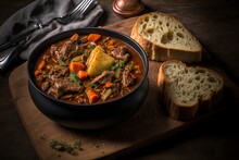 Hearty Beef Stew With Potato In Crock Pot And A Side Of Toast
