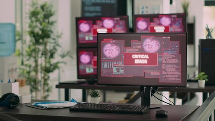 Poster - computers displaying critical error message flashing on screen, dealing with hacking threat and comp