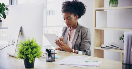 Wall Mural - Black woman, office worker and employee with digital tablet at company desk in modern advertising, marketing and agency startup. Corporate consultant, SEO professional and a small business executive