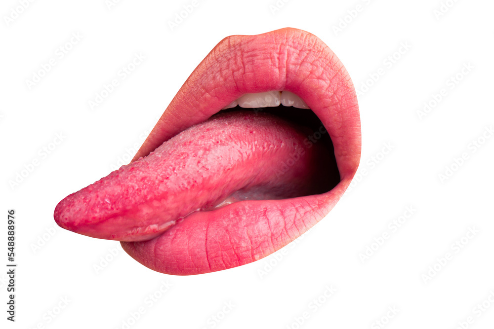 Long tongue. Macro tongue lick lips. Close up of woman mouth. Sexy tongue. Sensual lick. Stock