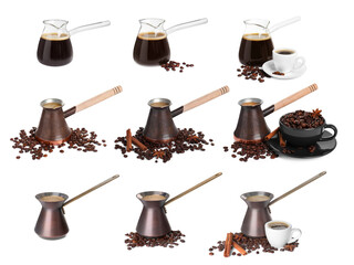 Set with different turkish coffee pots (cezve) with hot coffee and beans on white background