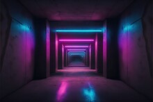 Sci Fi Futuristic Stage Dance Neon Glowing Purple Blue Pink Rectangle Frame Shaped Lines, Metal Reflective Mesh Surface Tunnel Room Hall