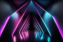 Sci Fi Futuristic Neon Glowing Purple Blue Pink Triangle Shaped Tilted Lines, Metal Reflective Mesh Surface Tunnel Room Hall