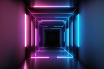 sci fi futuristic stage dance neon glowing purple blue pink rectangle frame shaped lines, metal reflective mesh surface tunnel room hall. Generative AI Technology