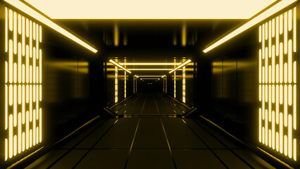 Poster - Traffic in futuristic corridor with neon lines. Design. 3D corridor with metal and neon walls. 3D corridor in futuristic or scientific style