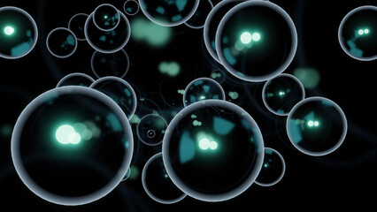 Poster - 3d bubbles move in stream. Design. Large soap bubbles move in stream on black background. Colored bubbles move brilliantly in stream