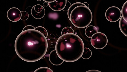 Poster - 3d bubbles move in stream. Design. Large soap bubbles move in stream on black background. Colored bubbles move brilliantly in stream